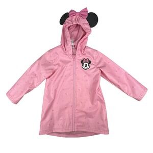 Disney Junior Minnie Mouse Raincoat Girls 4T Pink Hooded Ears Bow Rain Jacket